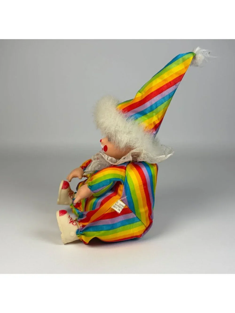 Vintage Rainbow Clown Doll Plastic Face Hands Cloth Body Back Zippered Pouch